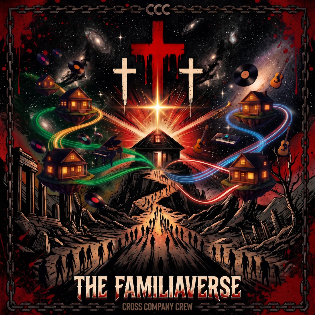 Official The FAMILIAVERSE album artwork with interconnected homes beneath three crosses